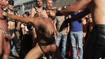 Folsom Street showcase with a helpless bound hunk