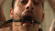Caged male slave gagged hard and stimulated in dirty fetishes