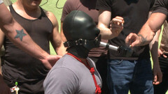 Insolent men treat male slave with perversions in merciless gangbang in public