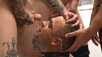 Insolent men treat male slave with perversions in merciless gangbang in public