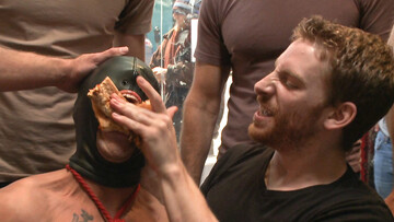 Insolent men treat male slave with perversions in merciless gangbang in public