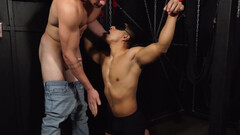 Chained male slave gets gagged and hard fucked by his master