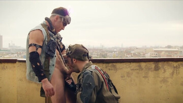 Apocalypse-themed outdoor fuck with two hard survivalists