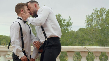 Horny men in suits pull out their dicks for a mutual moment in outdoor