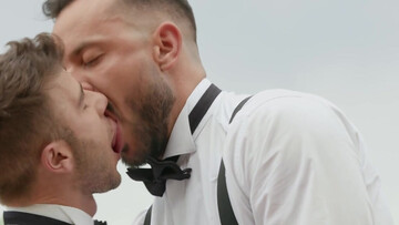 Horny men in suits pull out their dicks for a mutual moment in outdoor