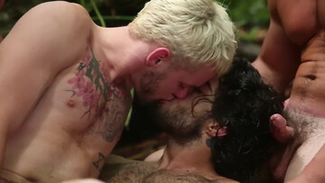 Muscular men enjoy outdoor anal moments in surreal gay orgy