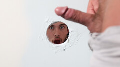 Naked young man and the horny uncle share first glory hole play