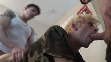 Slutty guy gets messy during a gangbang session