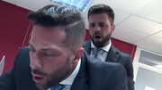 Office hunk taking care of his prey in front of the computer