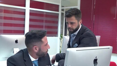 Office hunk taking care of his prey in front of the computer