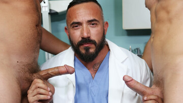 Bearded doctor daddy gets to suck two hard penises